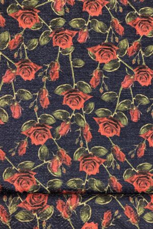 Material textil brocard, floral bleumarin