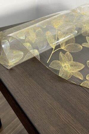 Protecție masă transparenta cu model auriu, lătime 80 cm